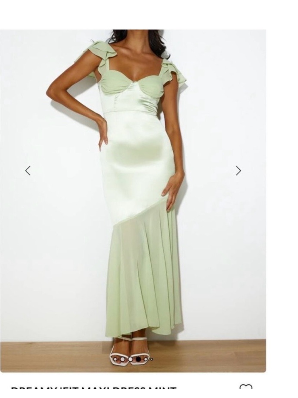 Hello Molly Pale Green Satin Maxi Dress with Ruffle Straps
